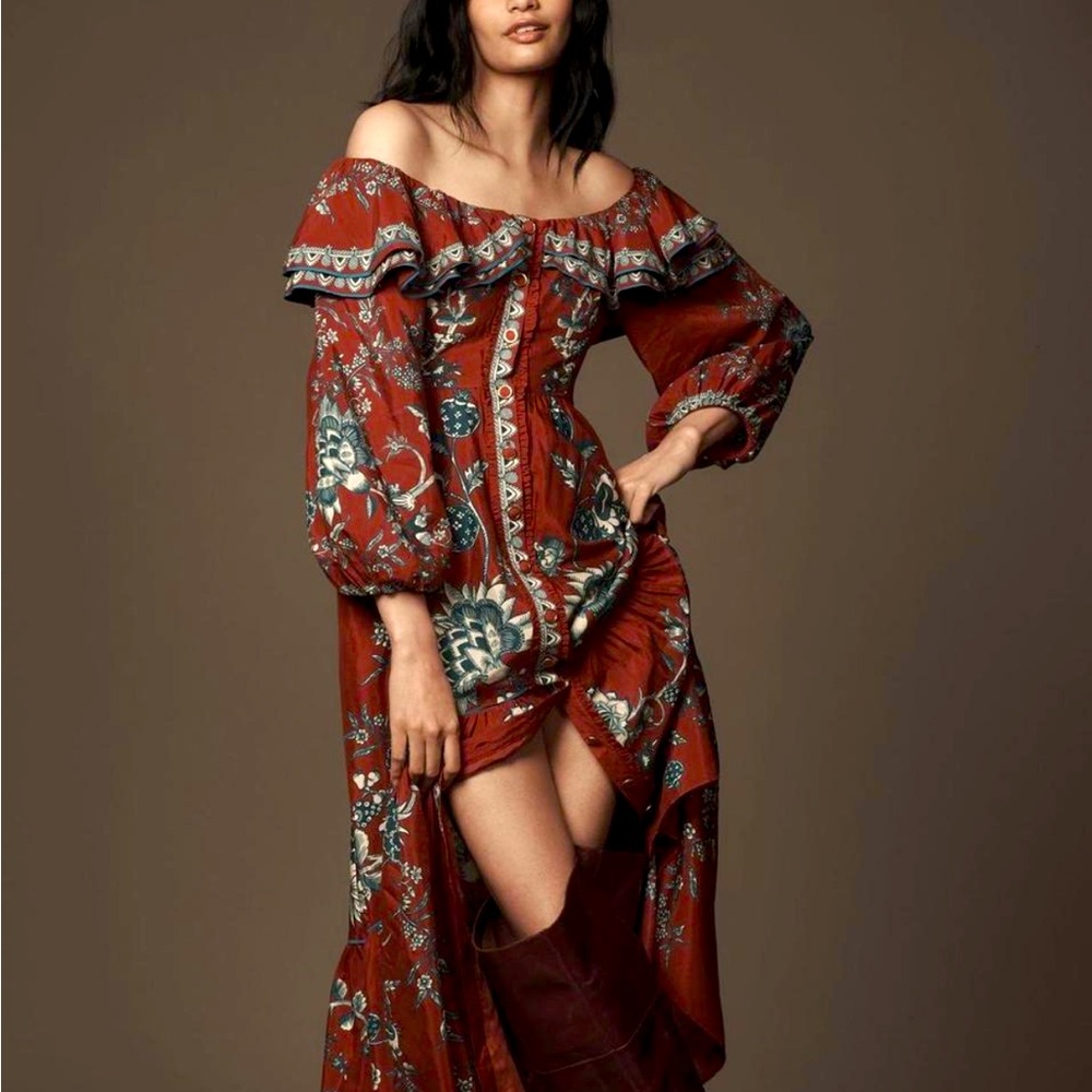 NWT Burgundy off the shoulder, ruffle, blue and white floral pattern maxi dress